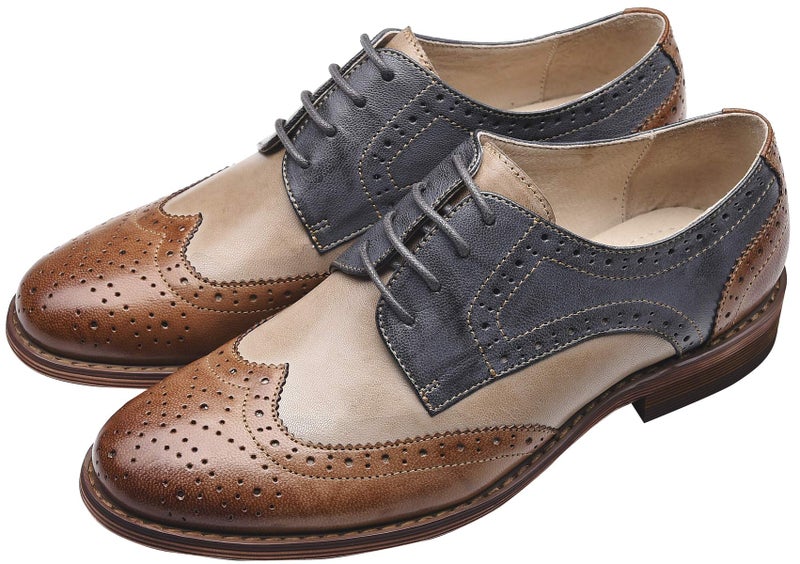 U-lite Brown Blue Perforated Brogue Wingtip Leather Flat Oxfords Vintage Oxford Shoes Women BB 6.5 - Image 3